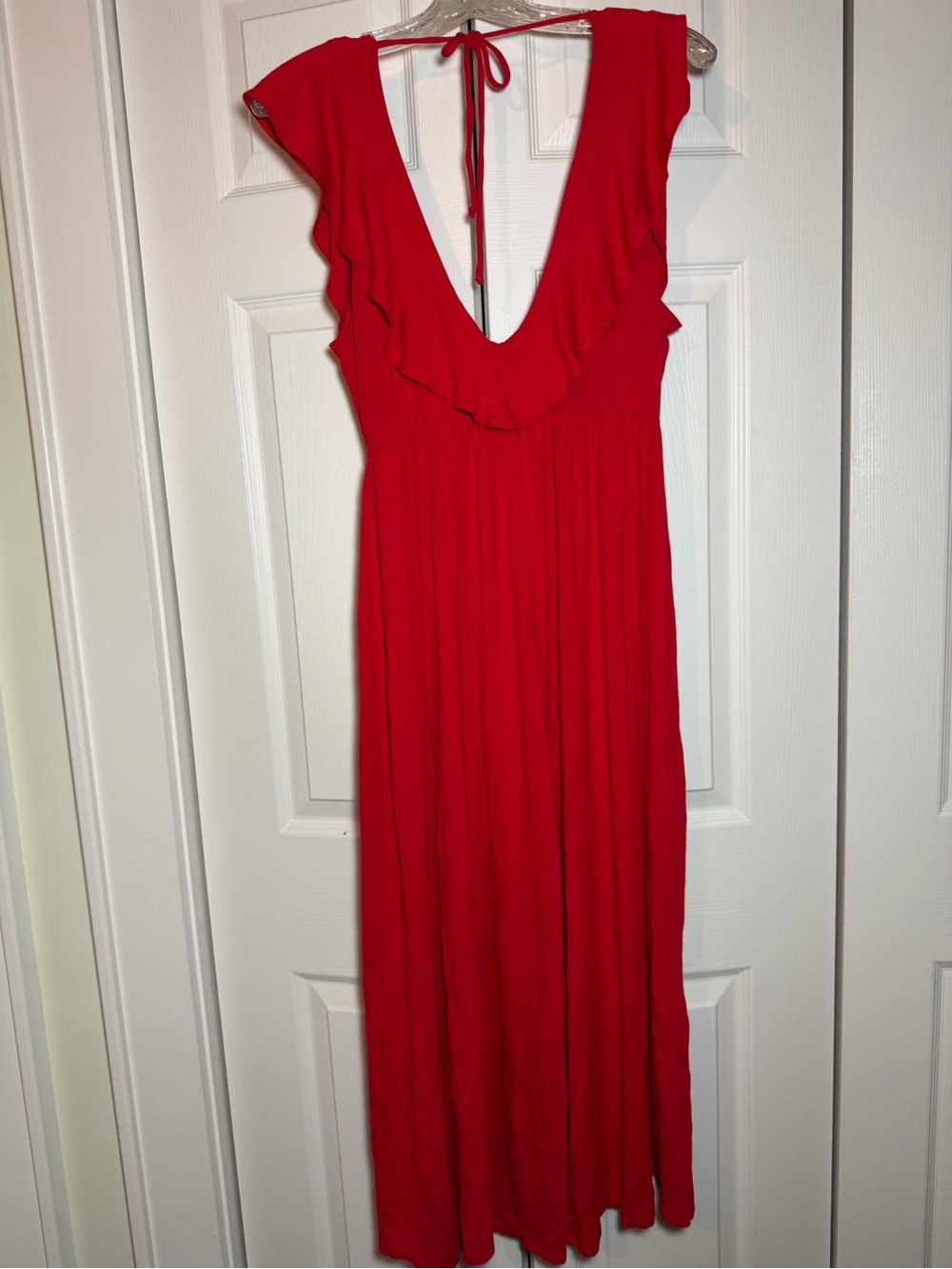 Red Ruffle V-Neck Jumpsuit - M